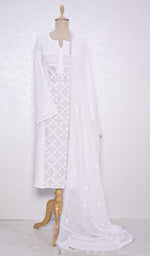 将图像加载到图库查看器中, Lucknowi 手工制作亚麻棉 Chikankari 半缝合 Kurta Dupatta 套装 - HONC059815