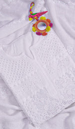 将图像加载到图库查看器中, Lucknowi 手工制作亚麻棉 Chikankari 半缝合 Kurta Dupatta 套装 - HONC059815