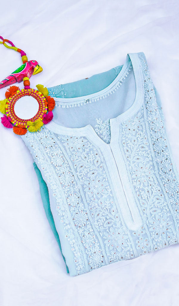 Women's Lakhnavi Handcrafted Viscose Georgette Chikankari Kurti - HONC091885