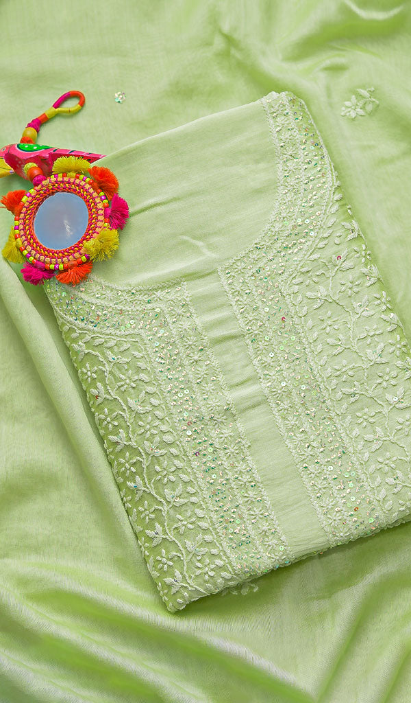 Women's Lucknowi Handcrafted Chanderi Silk Unstitched Chikankari Full Suit Material - HONC0287070