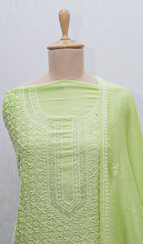Women's Lakhnavi Handcrafted Chanderi Silk Chikankari Top And Pant Set - HONC0320557