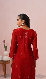 Load image into Gallery viewer, Saziya Women's Lakhnavi Handcrafted Mul Chanderi Chikankari Stitched Kurta, Dupatta And Pant Set - HONC0854621