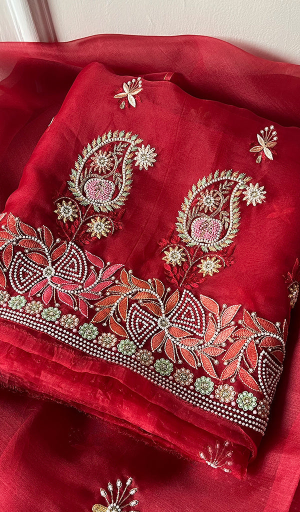 Women's Lakhnavi Handcrafted Pure Organza Chikankari Unstitched Kurta And Dupatta Set- HONC0272164