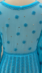 Load image into Gallery viewer, Women's Lakhnavi Handcrafted Turquoise Faux-Georgette Chikankari Anarkali Dress - NC0852