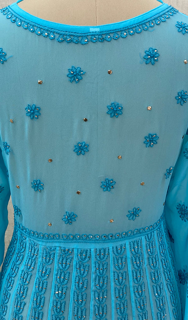 Women's Lakhnavi Handcrafted Turquoise Faux-Georgette Chikankari Anarkali Dress - NC0852