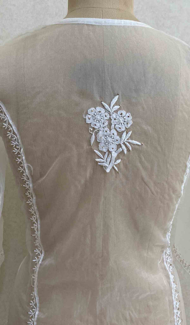 Women's Lakhnavi Handcrafted White Organza Chikankari Kurti - HONC029496