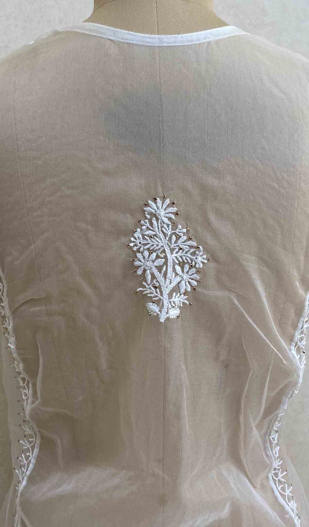 Women's Lakhnavi Handcrafted White Organza Chikankari Kurti - HONC029498