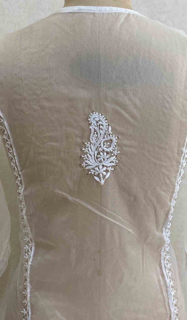 Women's Lakhnavi Handcrafted White Organza Chikankari Kurti - HONC029504