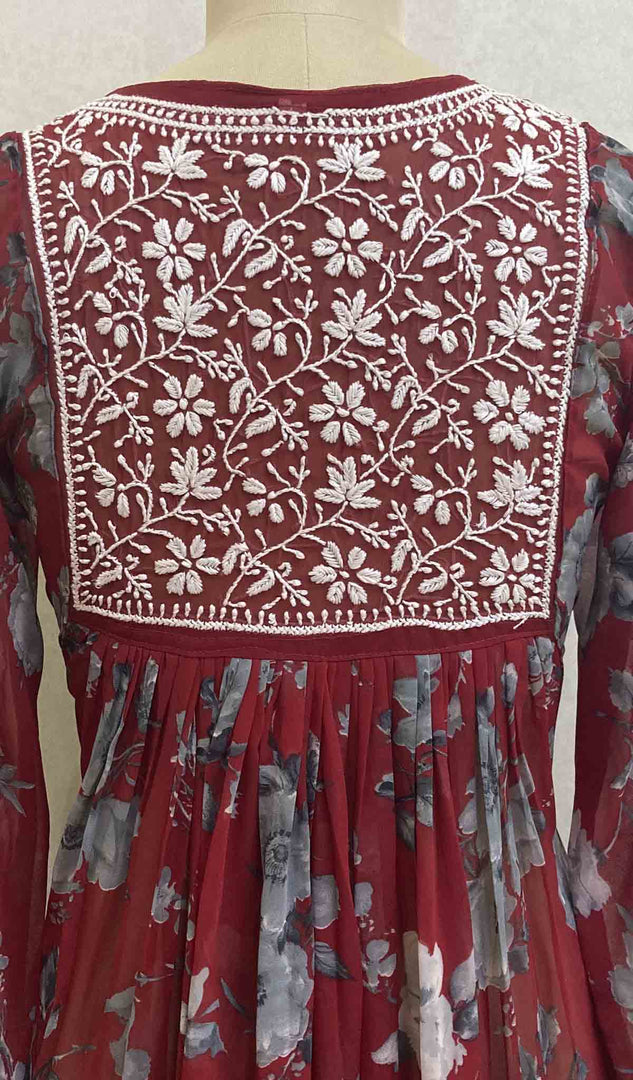 Women's Lakhnavi Handcrafted Printed Faux-Georgette Chikankari Gown - HONC048307