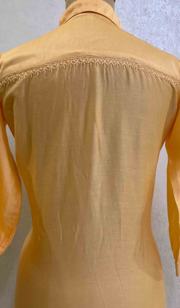 Lakhnavi 手工制作 Chanderi 丝绸 Chikankari 上衣 - HONC062102