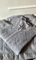 Load image into Gallery viewer, Women's Lakhnavi Handcrafted Mul Chanderi Semi - stitched Chikankari Full Suit Material - HONC0319560