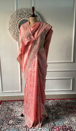Load image into Gallery viewer, Women's Lakhnavi Handcrafted Tussar Silk Chikankari Saree - HONC0313448
