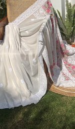 Load image into Gallery viewer, Women's Lakhnavi Handcrafted Pure Silk Georgette Chikankari Saree - HONC0274174