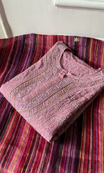 Load image into Gallery viewer, Women's Lakhnavi Handcrafted Pure Silk Georgette Semi - Stitched Chikankari Kurta And Dupatta Set - HONC0302216