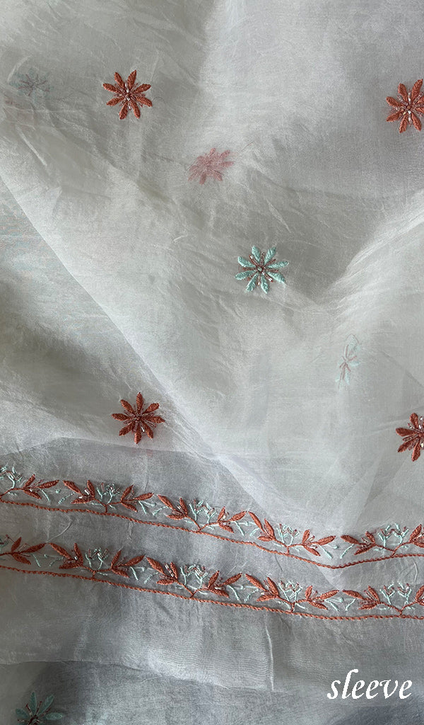 Women's Lakhnavi Handcrafted Pure Organza Chikankari Unstitched Kurta And Dupatta Set- HONC0270067