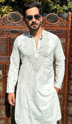 将图像加载到图库查看器中, Men's Lucknowi Handcrafted Cotton Chikankari Kurta - HONC0329869