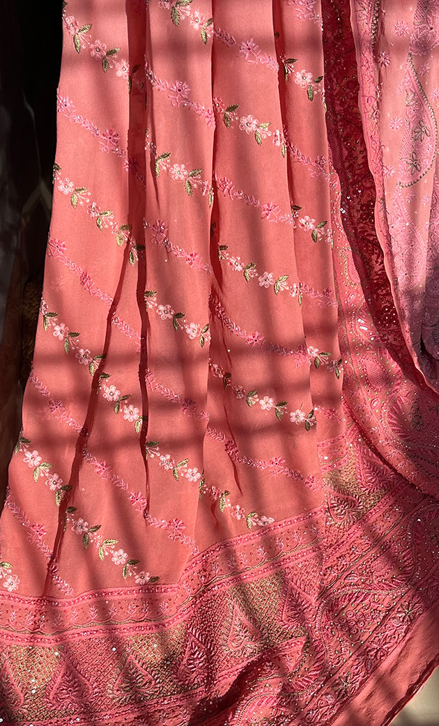 Women's Lakhnavi Handcrafted Bridal Pure Silk Georgette Chikankari Lehenga Set - HONC0269069