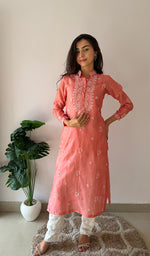 Load image into Gallery viewer, Ishita Women's Lucknowi Handcrafted Chanderi Silk Chikankari Kurti - HONC0357091