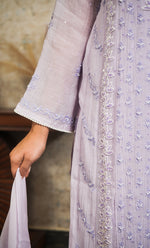 Load image into Gallery viewer, Women's Lakhnavi Handcrafted Mul Chanderi Chikankari Stitched Kurta, Dupatta And Pant Set - HONC0304131