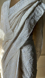 Load image into Gallery viewer, Women's Lakhnavi Handcrafted Pure Silk Georgette Chikankari Saree- HONC0213505