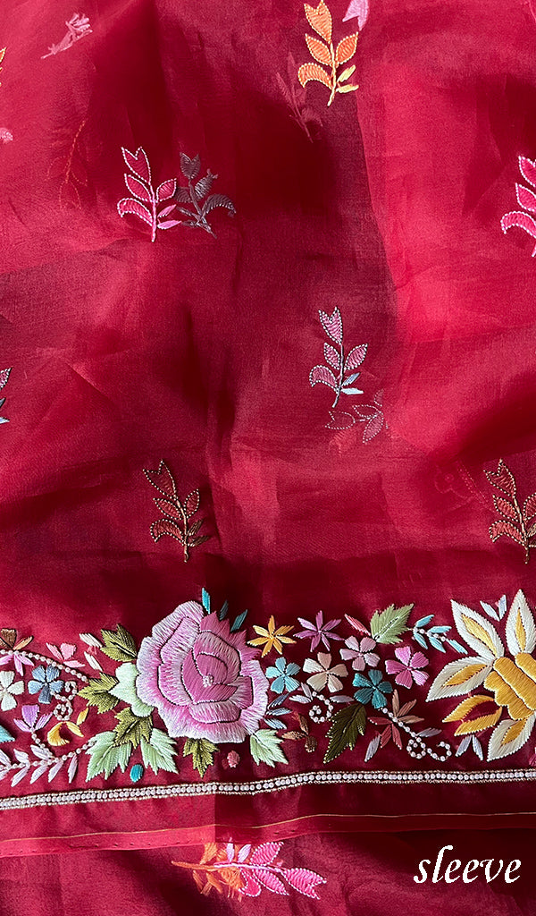 Women's Lakhnavi Handcrafted Pure Organza Chikankari Unstitched Kurta And Dupatta Set- HONC0267236