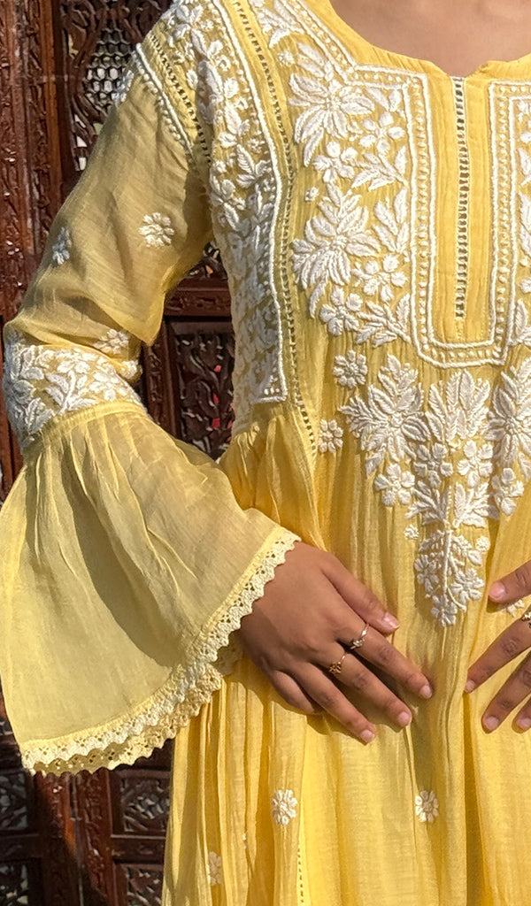 Fariah Women's Lucknowi Handcrafted Mul Chanderi Chikankari Kurti - HONC0264995