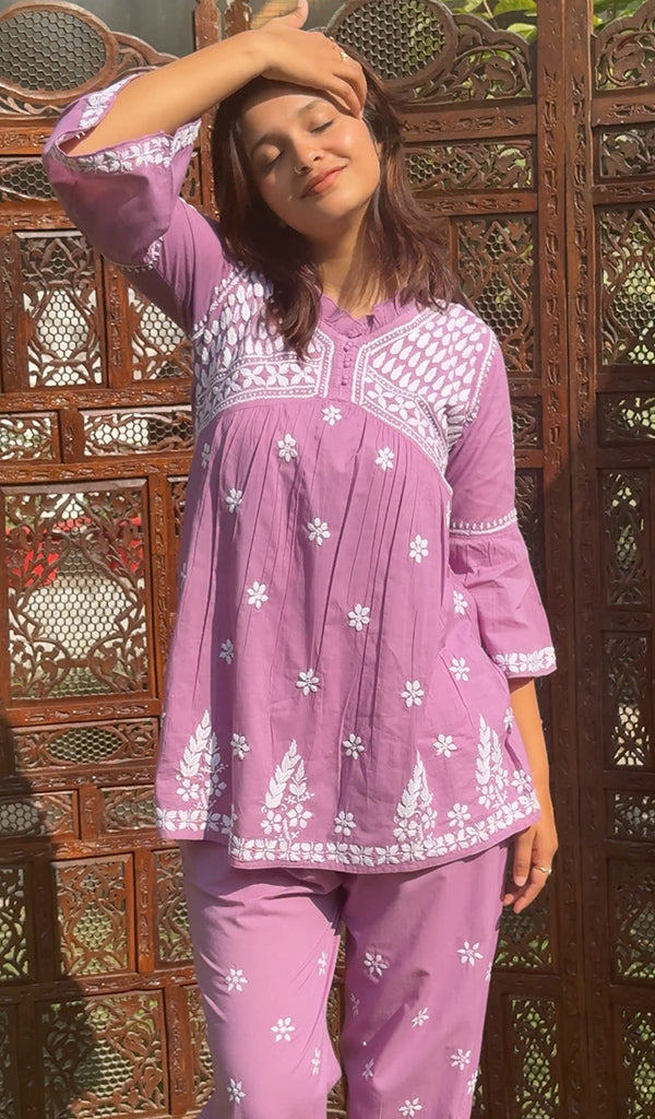 Rania Women's Lakhnavi Handcrafted Cotton Chikankari Kurta And Afghani pant Set - HONC0268706