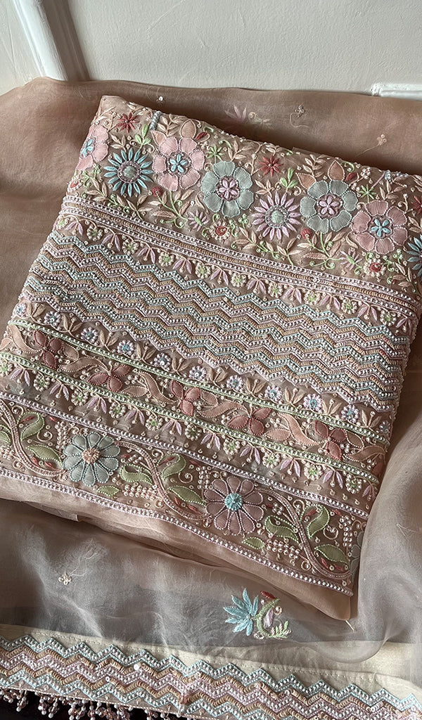 Women's Lucknowi Handcrafted Pure Organza Silk Chikankari Kurta Dupatta Set - HONC0274457