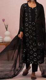 Load image into Gallery viewer, Women's Lucknowi Handcrafted Pure Organza Silk Stitched Chikankari Kurta, Dupatta With Pant Set- HONC0546598