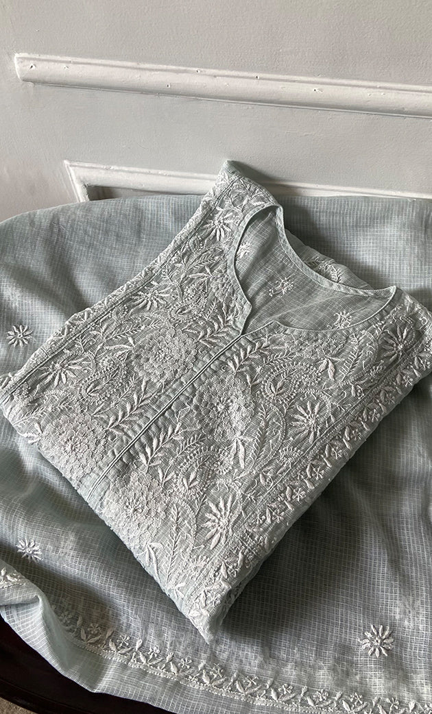 Women's Lucknowi Handcrafted Kota Cotton Chikankari Unstitched Kurta And Dupatta Set - HONC0307250