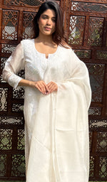 Load image into Gallery viewer, Rose Women's Lucknowi Handcrafted Pure Organza Silk Stitched Chikankari Kurta, Dupatta With Pant Set- HONC0270713