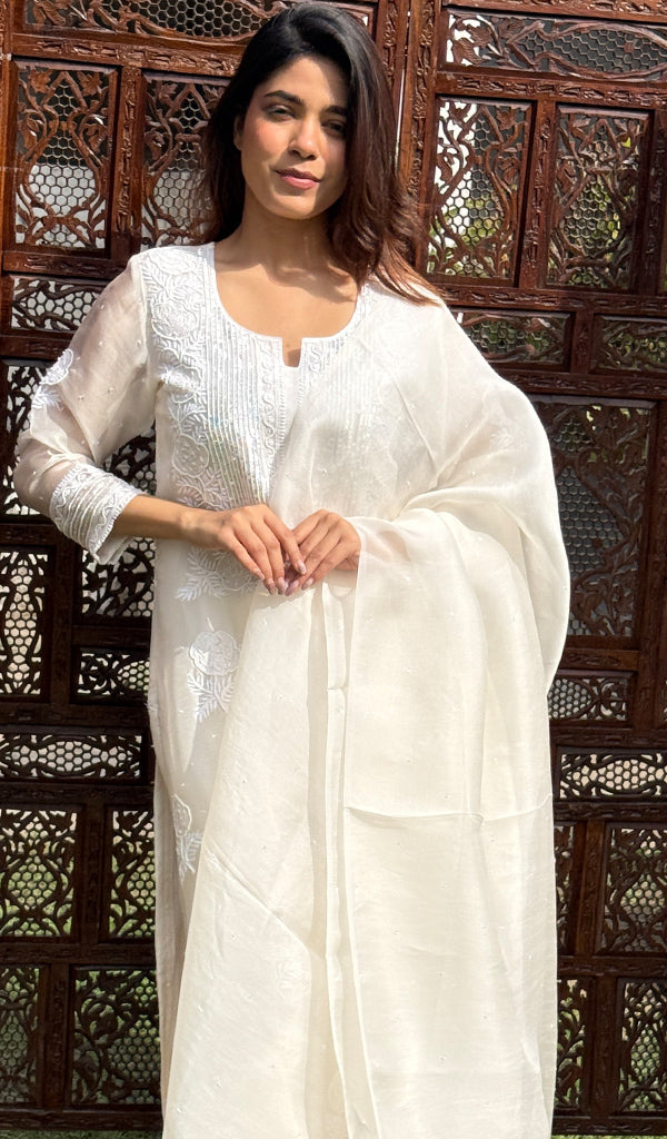Rose Women's Lucknowi Handcrafted Pure Organza Silk Stitched Chikankari Kurta, Dupatta With Pant Set- HONC0270713