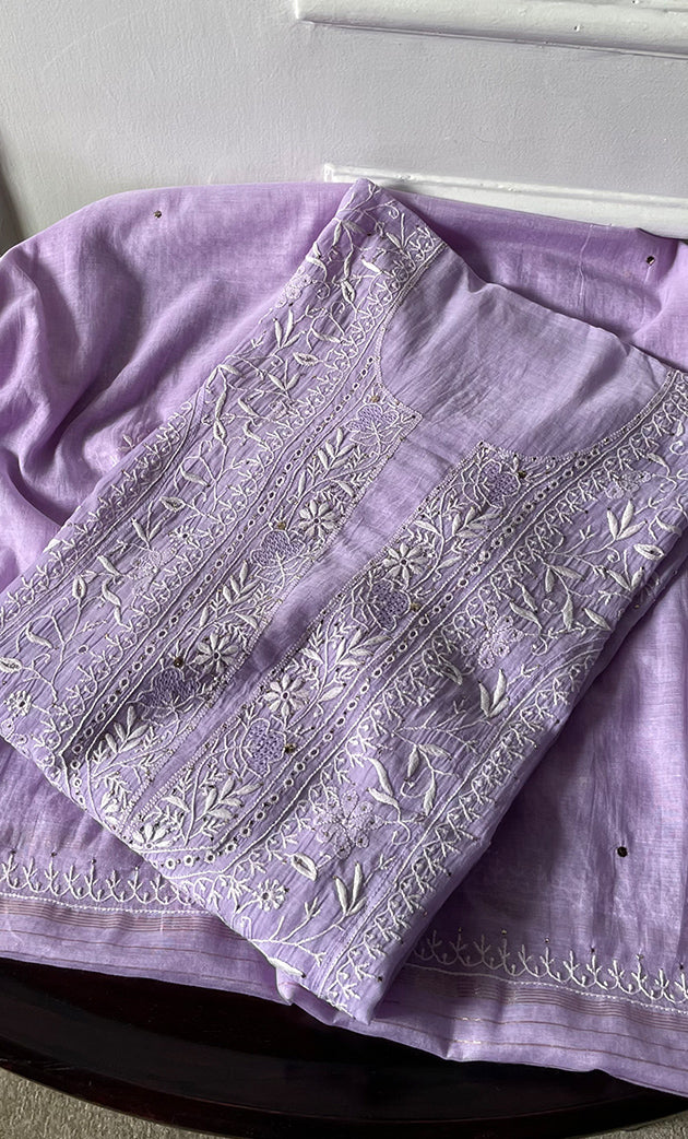 Women's Lakhnavi Handcrafted Mul Chanderi Semi -stitched Chikankari Full Suit Material - HONC0296116