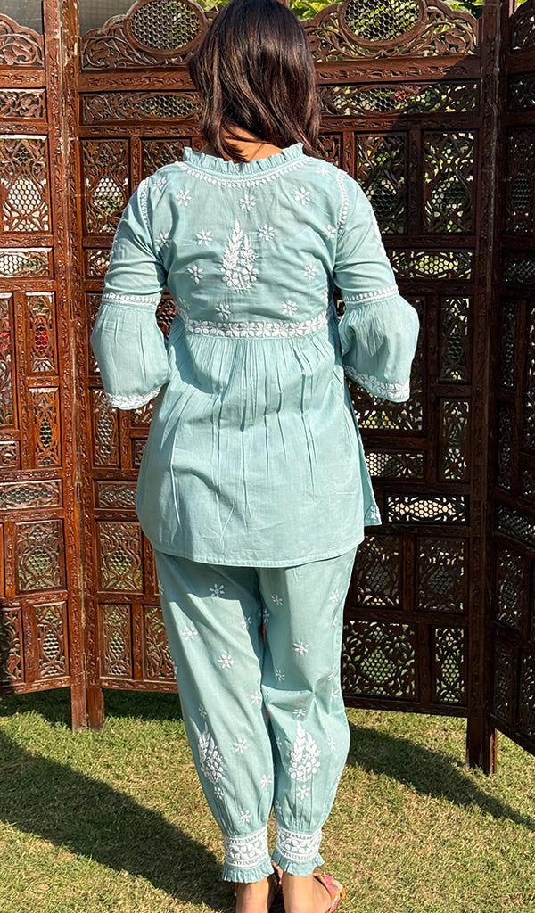 Rania Women's Lakhnavi Handcrafted Cotton Chikankari Short Kurta And Afghani pant Set - HONC0268683