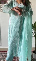 Load image into Gallery viewer, Women's Lakhnavi Handcrafted Mul Chanderi Chikankari Stitched Kurta, Dupatta And Pant Set - HONC0322167
