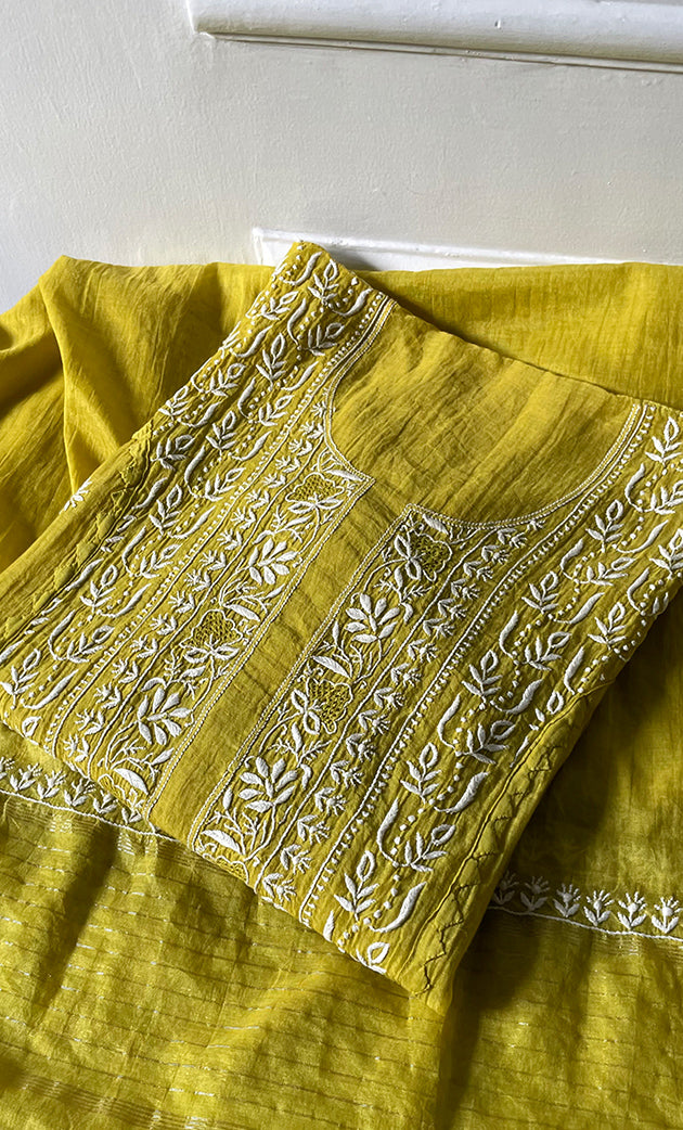 Women's Lakhnavi Handcrafted Mul Chanderi Semi - Stitched Kurta And Dupatta Set - HONC0304193