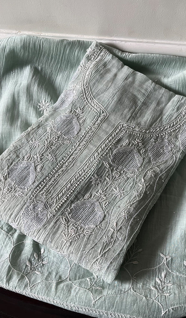 Laiba Women's Lakhnavi Handcrafted Mul Chanderi Semi - Stitched Anarkali And Dupatta Set - HONC0288583