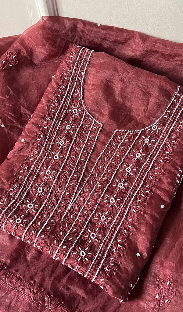 Women's Lakhnavi Handcrafted Organza Chikankari Unstitched Full Suit Material - HONC0271224