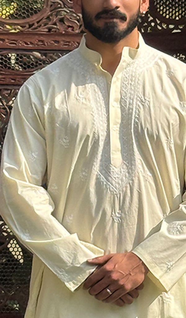 Men's Lucknowi Handcrafted Cotton Chikankari Kurta - HONC0115507