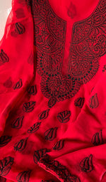 Load image into Gallery viewer, Red Color Women Lucknowi Handcrafted Faux-Georgette Chikankari Semi - Stitched Suit Material
