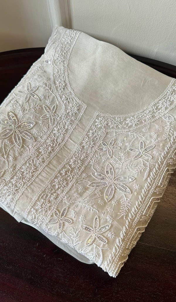 Women's Lakhnavi Handcrafted Organza Chikankari Unstitched Kurti Fabric - HONC0288684