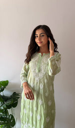 Load image into Gallery viewer, Women's Lucknowi Handcrafted Mul Chanderi Stitched Chikankari Kurta And Plazzo Set- HONC0378791