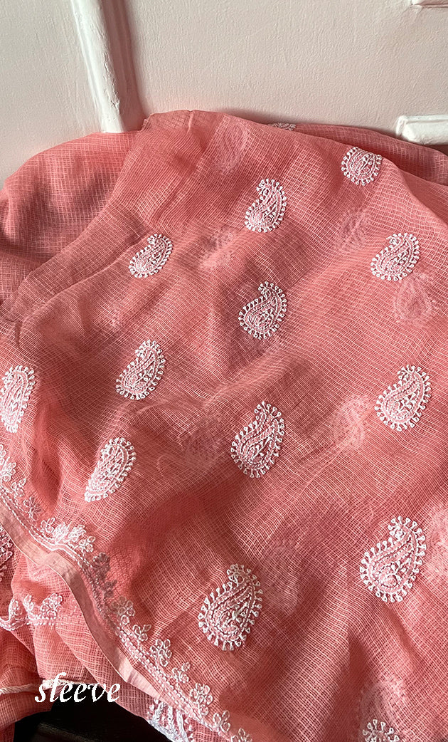 Women's Lucknowi Handcrafted Kota Cotton Chikankari Unstitched Kurta And Dupatta Set - HONC0303992