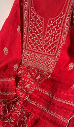 Load image into Gallery viewer, Women's Lakhnavi Handcrafted Mul Chanderi Chikankari Semi - Stitched Kurta Dupatta Set - HONC0235320