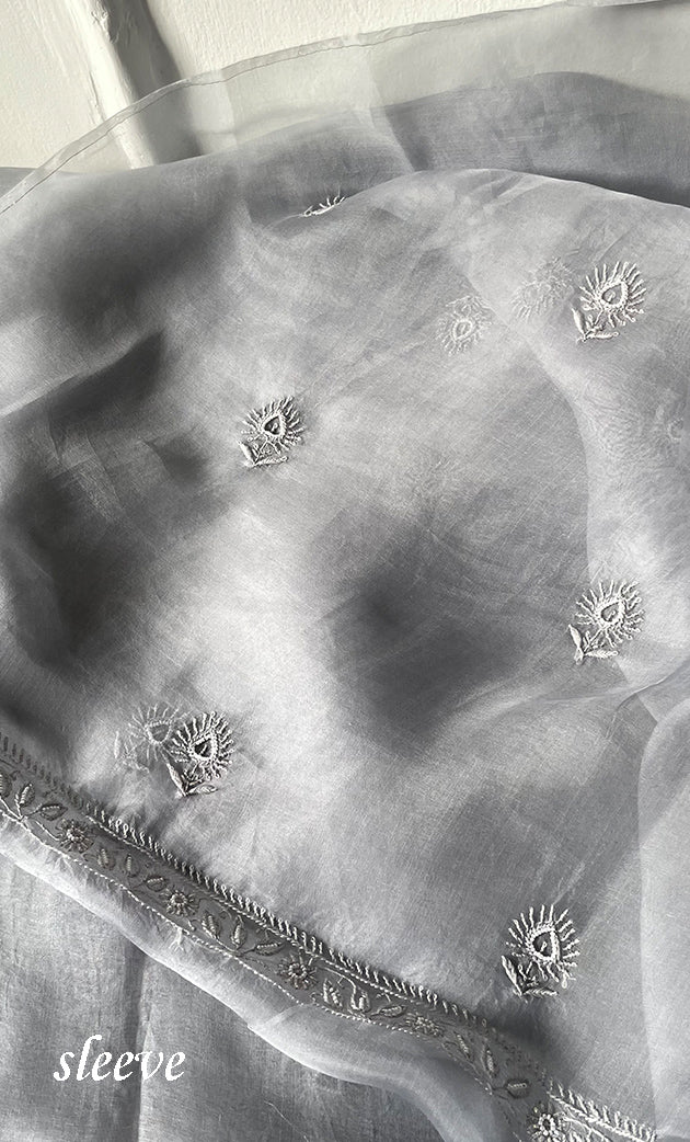 Women's Lakhnavi Handcrafted Pure Organza Chikankari Unstitched Kurta And Dupatta Set- HONC0314169