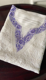 Load image into Gallery viewer, Women's Lakhnavi Handcrafted White Raw Silk Chikankari Unstitched Kurti Fabric - NC043738