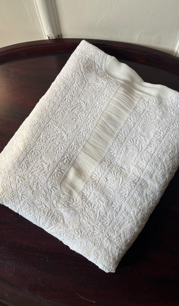 Lucknowi Handcrafted Pure Silk Georgette Chikankari Unstitched Men's Kurta Fabric - HONC026904