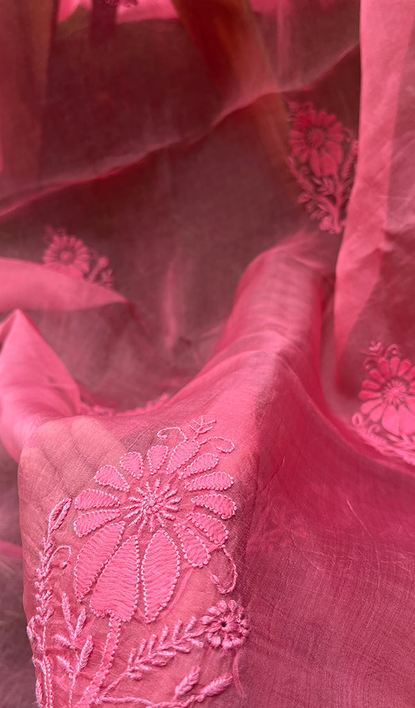 Ishq Women's Lucknowi Handcrafted Pure Organza Silk Chikankari SAREE - HONC0273031