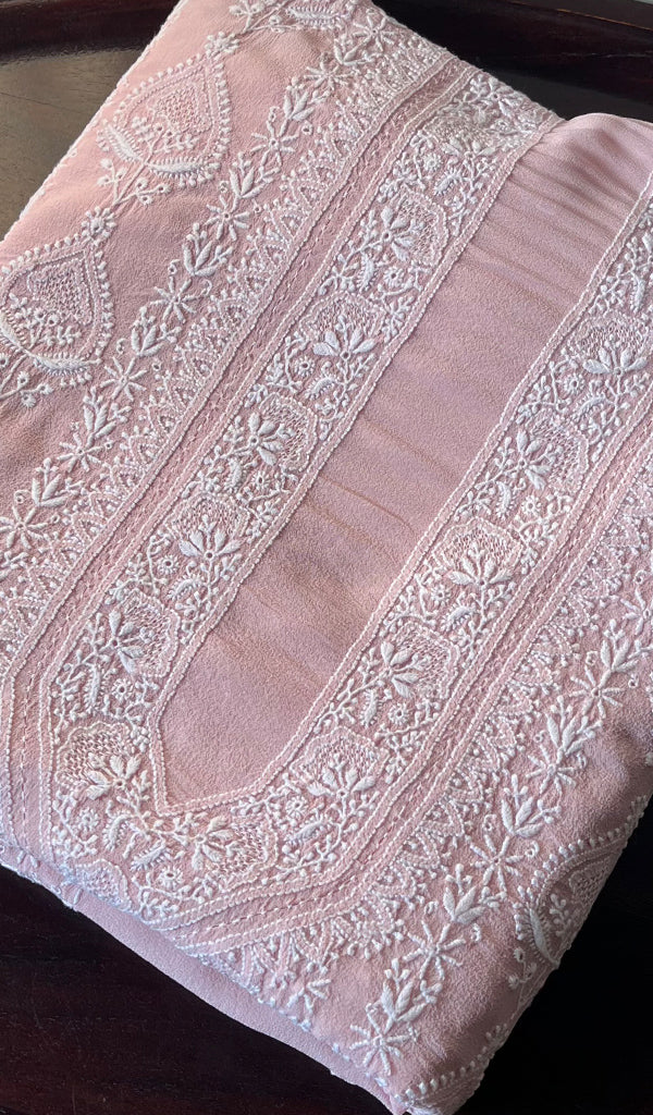 Lucknowi Handcrafted Pure Silk Georgette Chikankari Unstitched Men's Kurta Fabric - HONC0260879