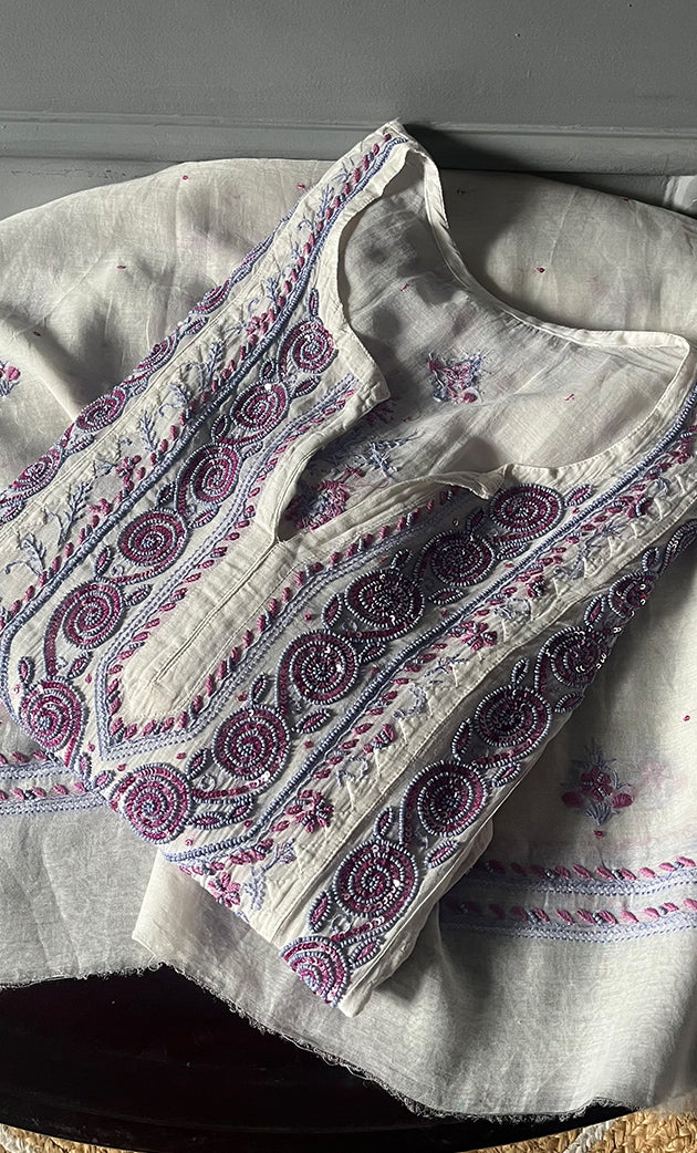 Aaliyah Women's Lakhnavi Handcrafted Mul Chanderi Semi - Stitched Kurta And Dupatta Set - HONC0239039